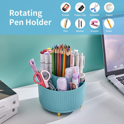 Desk Organizer, 360-Degree Rotating Pen Holder, Desk Organizers and Accessories with 5 Compartments Pencil Holder, Art Supply Storage Box Caddy for Office, Home（White）
