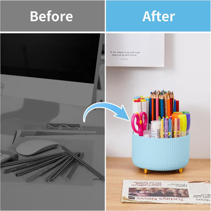 Desk Organizer, 360-Degree Rotating Pen Holder, Desk Organizers and Accessories with 5 Compartments Pencil Holder, Art Supply Storage Box Caddy for Office, Home（White）