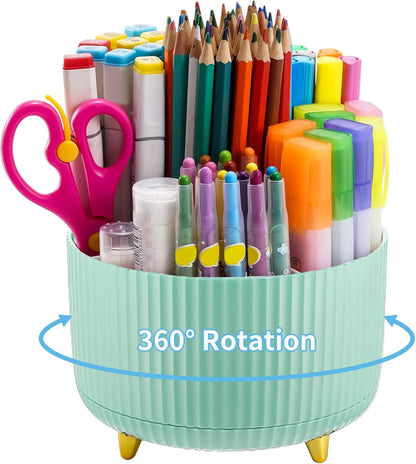 Desk Organizer, 360-Degree Rotating Pen Holder, Desk Organizers and Accessories with 5 Compartments Pencil Holder, Art Supply Storage Box Caddy for Office, Home（White）