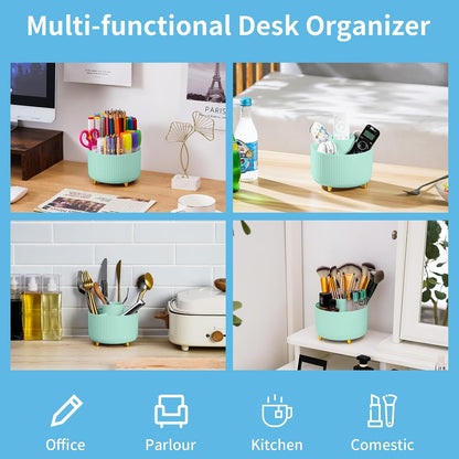 Desk Organizer, 360-Degree Rotating Pen Holder, Desk Organizers and Accessories with 5 Compartments Pencil Holder, Art Supply Storage Box Caddy for Office, Home（White）