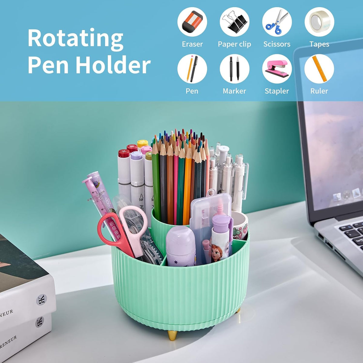 Desk Organizer, 360-Degree Rotating Pen Holder, Desk Organizers and Accessories with 5 Compartments Pencil Holder, Art Supply Storage Box Caddy for Office, Home（White）