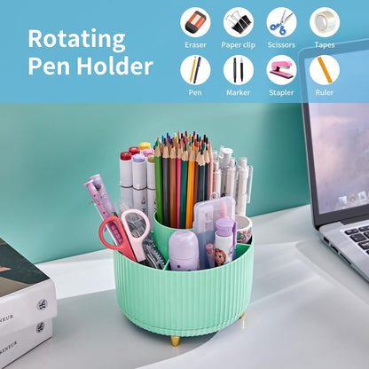 Desk Organizer, 360-Degree Rotating Pen Holder, Desk Organizers and Accessories with 5 Compartments Pencil Holder, Art Supply Storage Box Caddy for Office, Home（White）