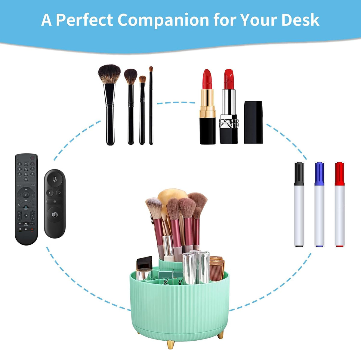 Desk Organizer, 360-Degree Rotating Pen Holder, Desk Organizers and Accessories with 5 Compartments Pencil Holder, Art Supply Storage Box Caddy for Office, Home（White）