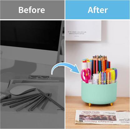 Desk Organizer, 360-Degree Rotating Pen Holder, Desk Organizers and Accessories with 5 Compartments Pencil Holder, Art Supply Storage Box Caddy for Office, Home（White）