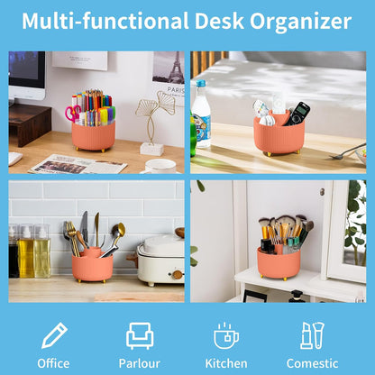 Desk Organizer, 360-Degree Rotating Pen Holder, Desk Organizers and Accessories with 5 Compartments Pencil Holder, Art Supply Storage Box Caddy for Office, Home（White）