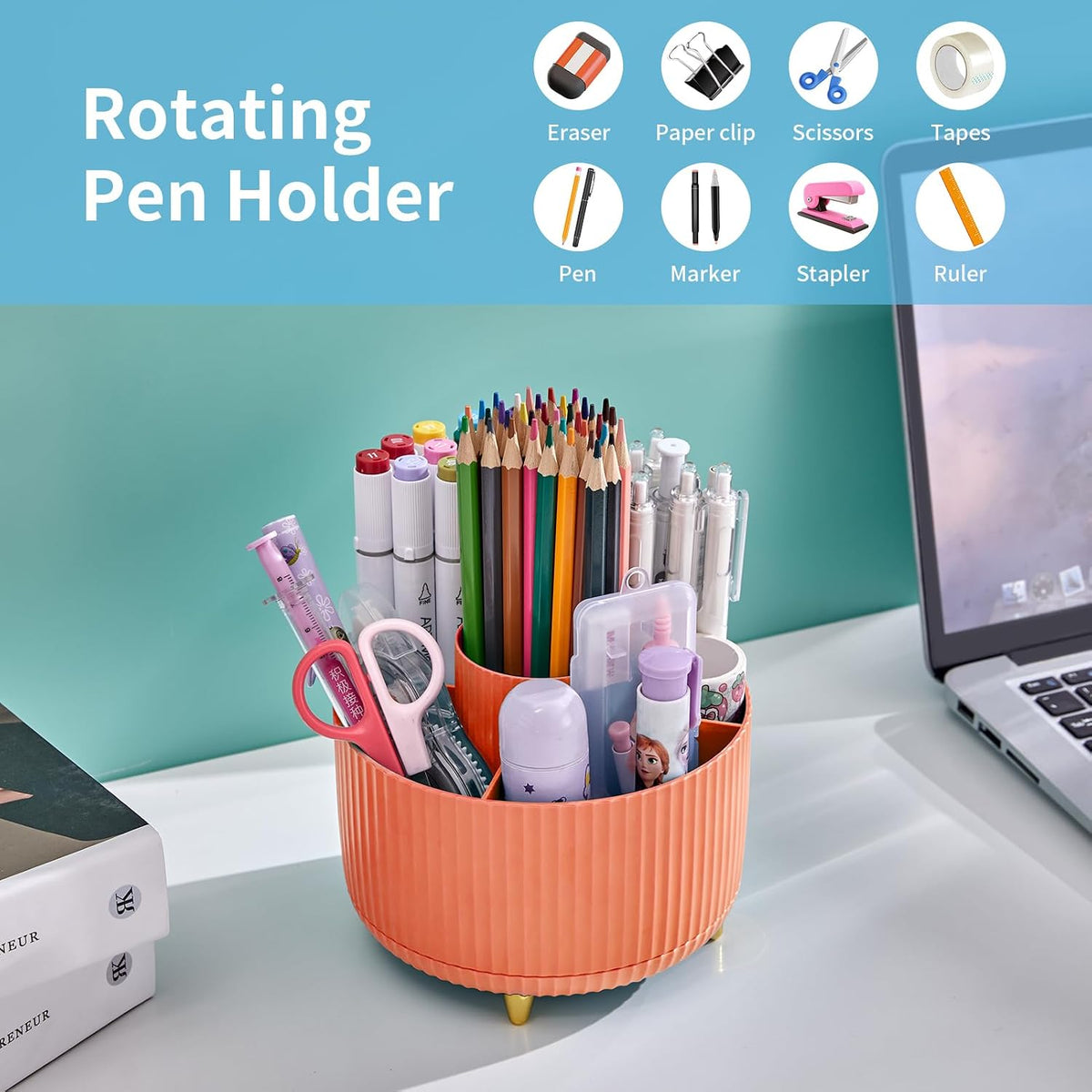 Desk Organizer, 360-Degree Rotating Pen Holder, Desk Organizers and Accessories with 5 Compartments Pencil Holder, Art Supply Storage Box Caddy for Office, Home（White）