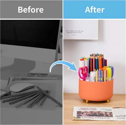 Desk Organizer, 360-Degree Rotating Pen Holder, Desk Organizers and Accessories with 5 Compartments Pencil Holder, Art Supply Storage Box Caddy for Office, Home（White）