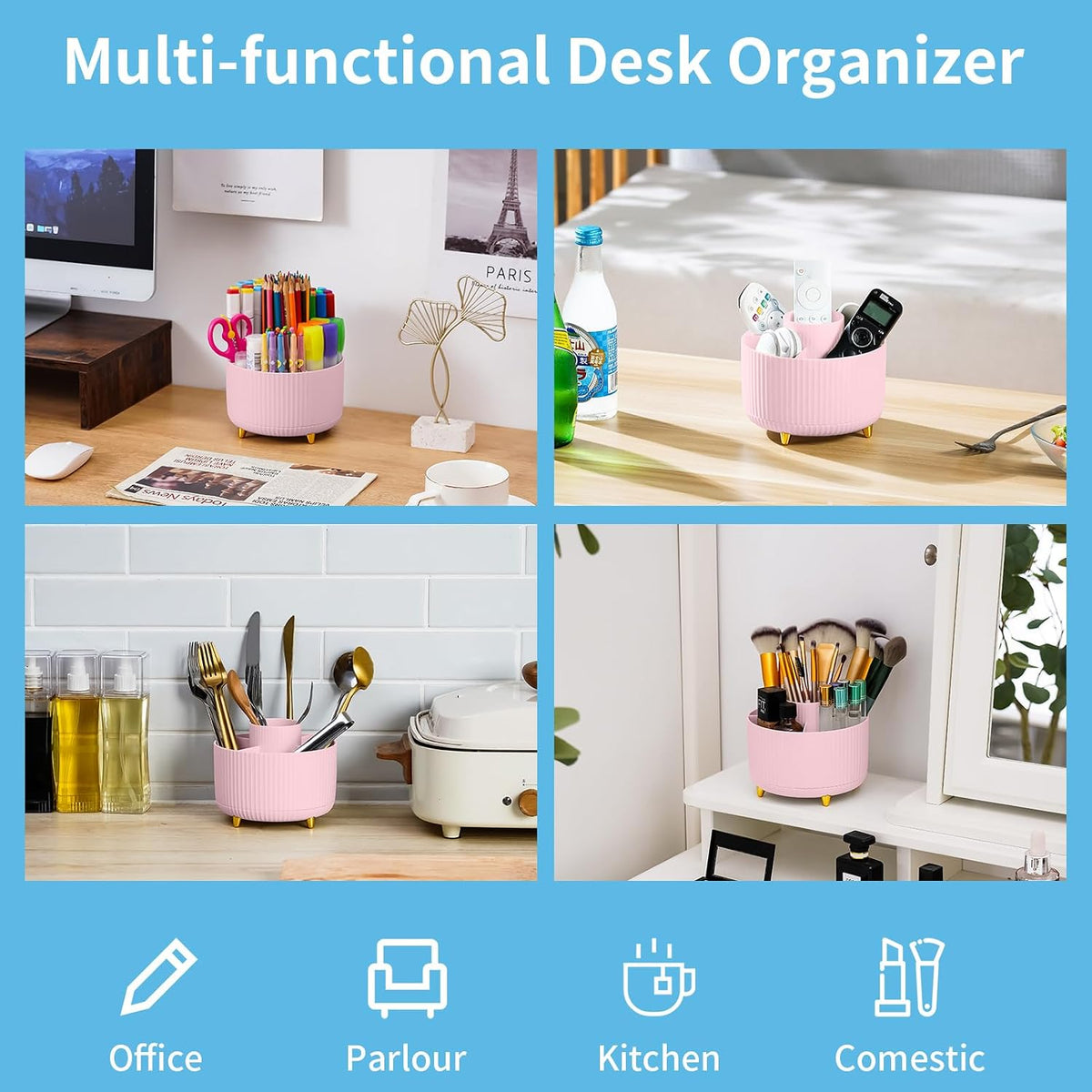 Desk Organizer, 360-Degree Rotating Pen Holder, Desk Organizers and Accessories with 5 Compartments Pencil Holder, Art Supply Storage Box Caddy for Office, Home（White）