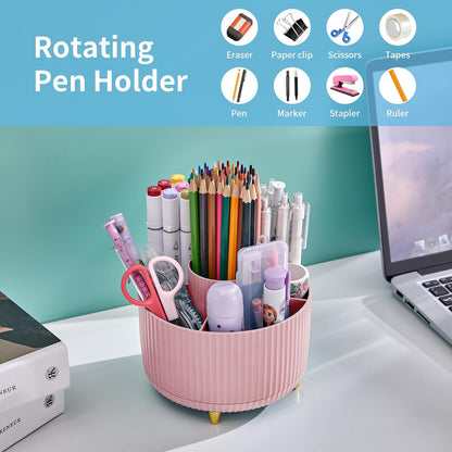 Desk Organizer, 360-Degree Rotating Pen Holder, Desk Organizers and Accessories with 5 Compartments Pencil Holder, Art Supply Storage Box Caddy for Office, Home（White）