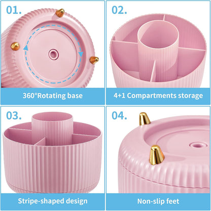 Desk Organizer, 360-Degree Rotating Pen Holder, Desk Organizers and Accessories with 5 Compartments Pencil Holder, Art Supply Storage Box Caddy for Office, Home（White）