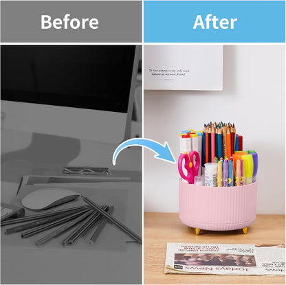Desk Organizer, 360-Degree Rotating Pen Holder, Desk Organizers and Accessories with 5 Compartments Pencil Holder, Art Supply Storage Box Caddy for Office, Home（White）