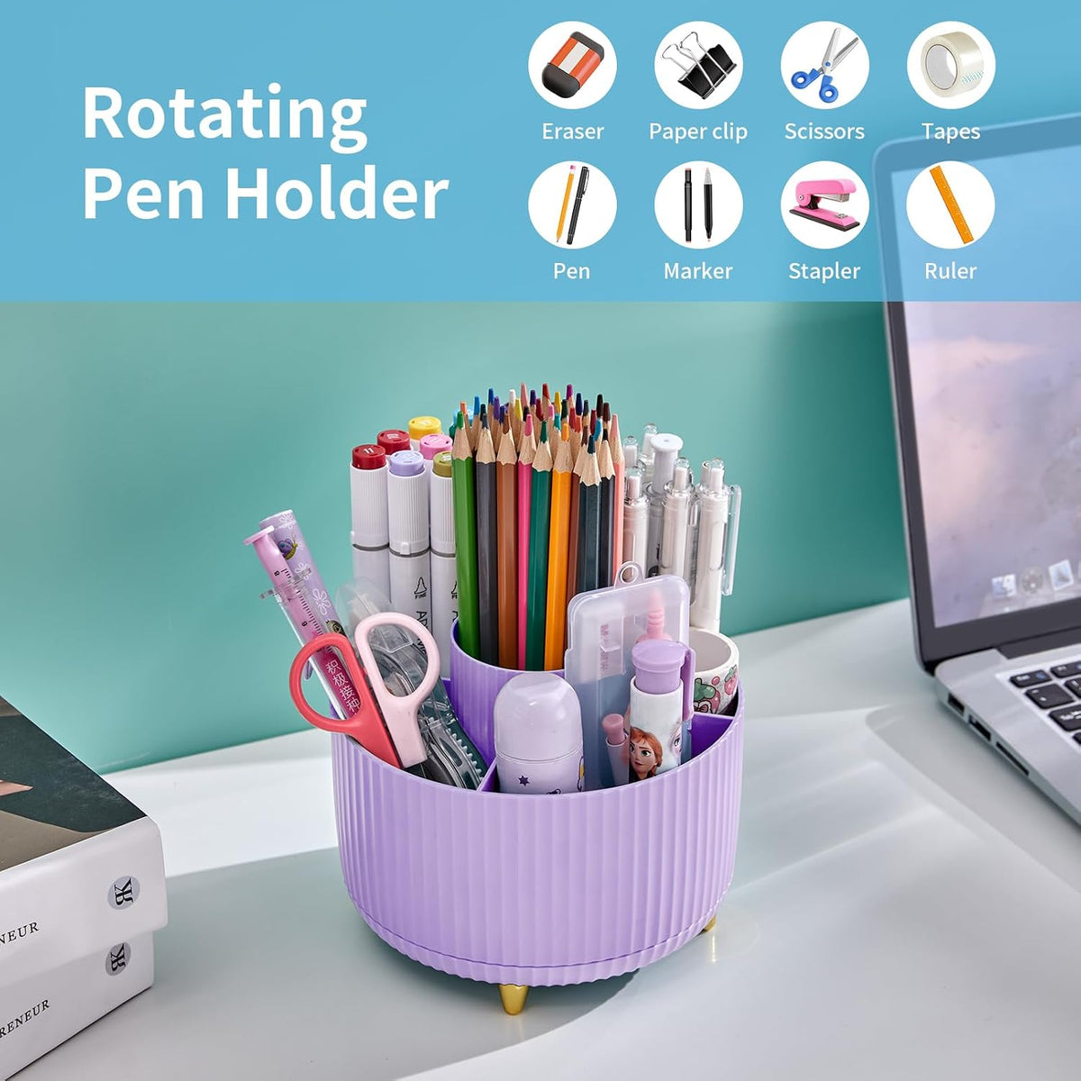 Desk Organizer, 360-Degree Rotating Pen Holder, Desk Organizers and Accessories with 5 Compartments Pencil Holder, Art Supply Storage Box Caddy for Office, Home（White）