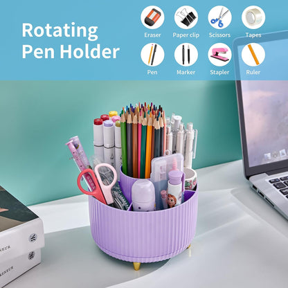 Desk Organizer, 360-Degree Rotating Pen Holder, Desk Organizers and Accessories with 5 Compartments Pencil Holder, Art Supply Storage Box Caddy for Office, Home（White）