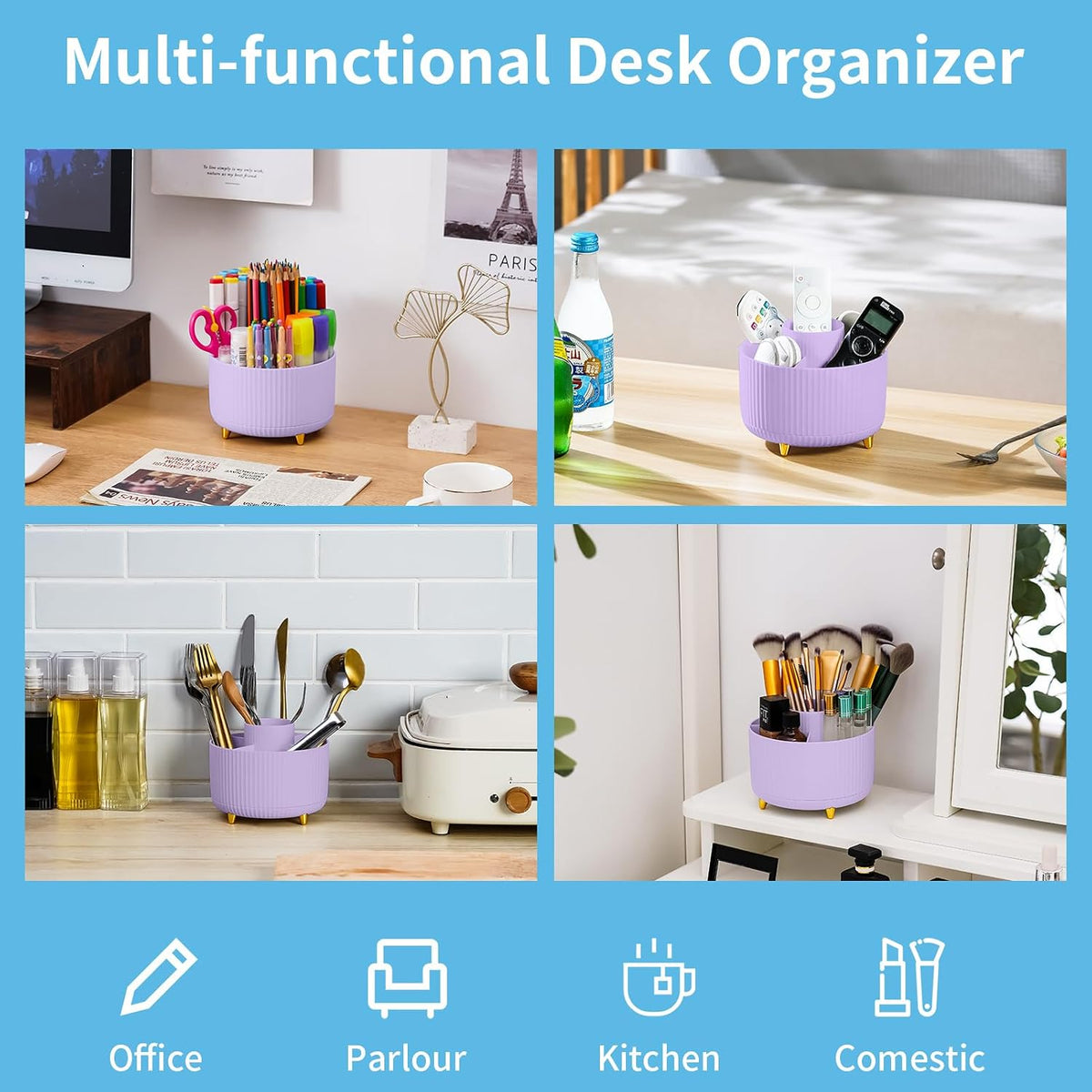 Desk Organizer, 360-Degree Rotating Pen Holder, Desk Organizers and Accessories with 5 Compartments Pencil Holder, Art Supply Storage Box Caddy for Office, Home（White）