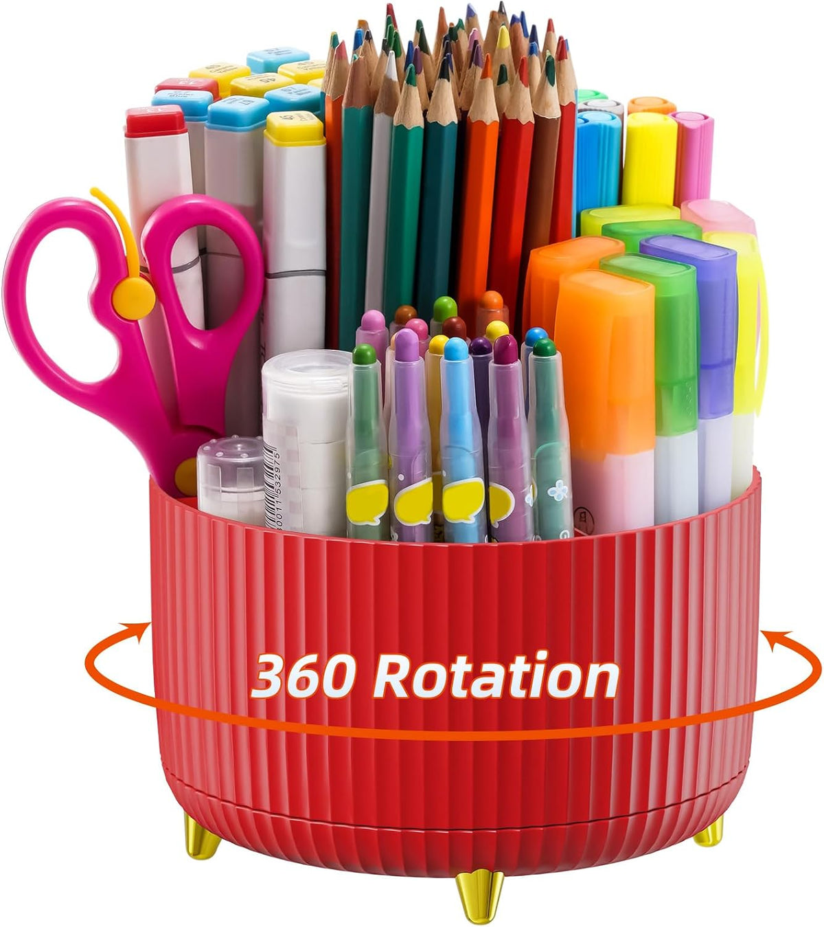 Desk Organizer, 360-Degree Rotating Pen Holder, Desk Organizers and Accessories with 5 Compartments Pencil Holder, Art Supply Storage Box Caddy for Office, Home（White）