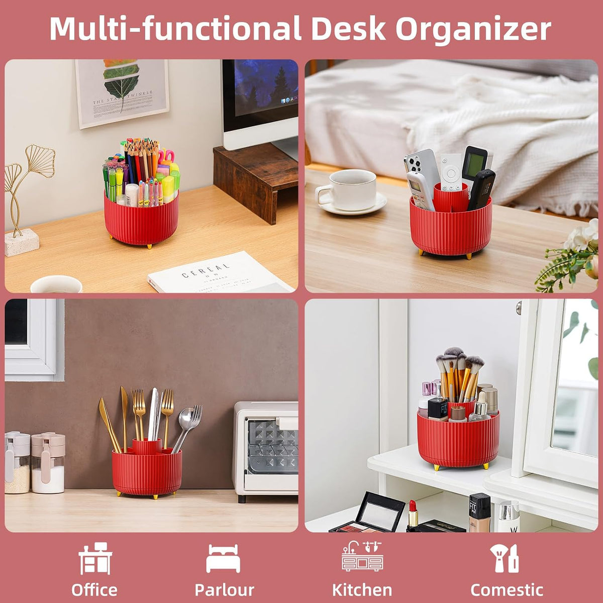 Desk Organizer, 360-Degree Rotating Pen Holder, Desk Organizers and Accessories with 5 Compartments Pencil Holder, Art Supply Storage Box Caddy for Office, Home（White）