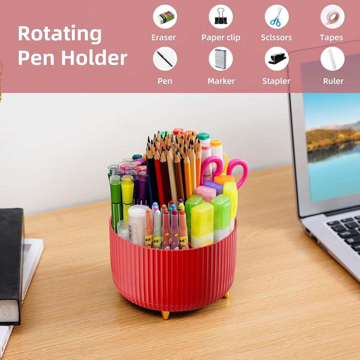 Desk Organizer, 360-Degree Rotating Pen Holder, Desk Organizers and Accessories with 5 Compartments Pencil Holder, Art Supply Storage Box Caddy for Office, Home（White）