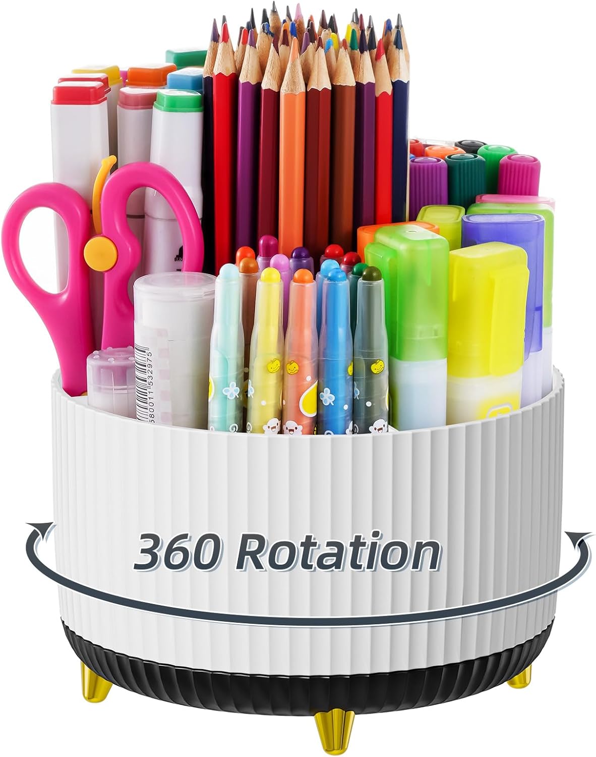 Desk Organizer, 360-Degree Rotating Pen Holder, Desk Organizers and Accessories with 5 Compartments Pencil Holder, Art Supply Storage Box Caddy for Office, Home（White）