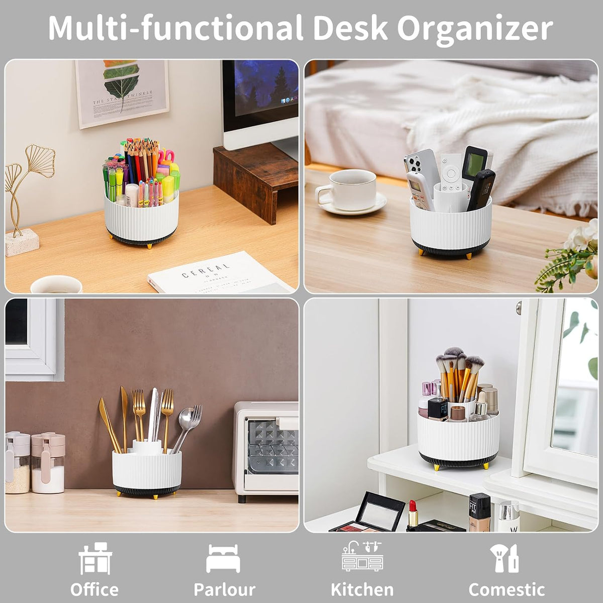 Desk Organizer, 360-Degree Rotating Pen Holder, Desk Organizers and Accessories with 5 Compartments Pencil Holder, Art Supply Storage Box Caddy for Office, Home（White）
