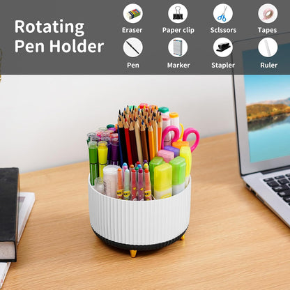 Desk Organizer, 360-Degree Rotating Pen Holder, Desk Organizers and Accessories with 5 Compartments Pencil Holder, Art Supply Storage Box Caddy for Office, Home（White）