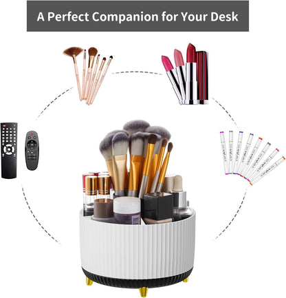 Desk Organizer, 360-Degree Rotating Pen Holder, Desk Organizers and Accessories with 5 Compartments Pencil Holder, Art Supply Storage Box Caddy for Office, Home（White）