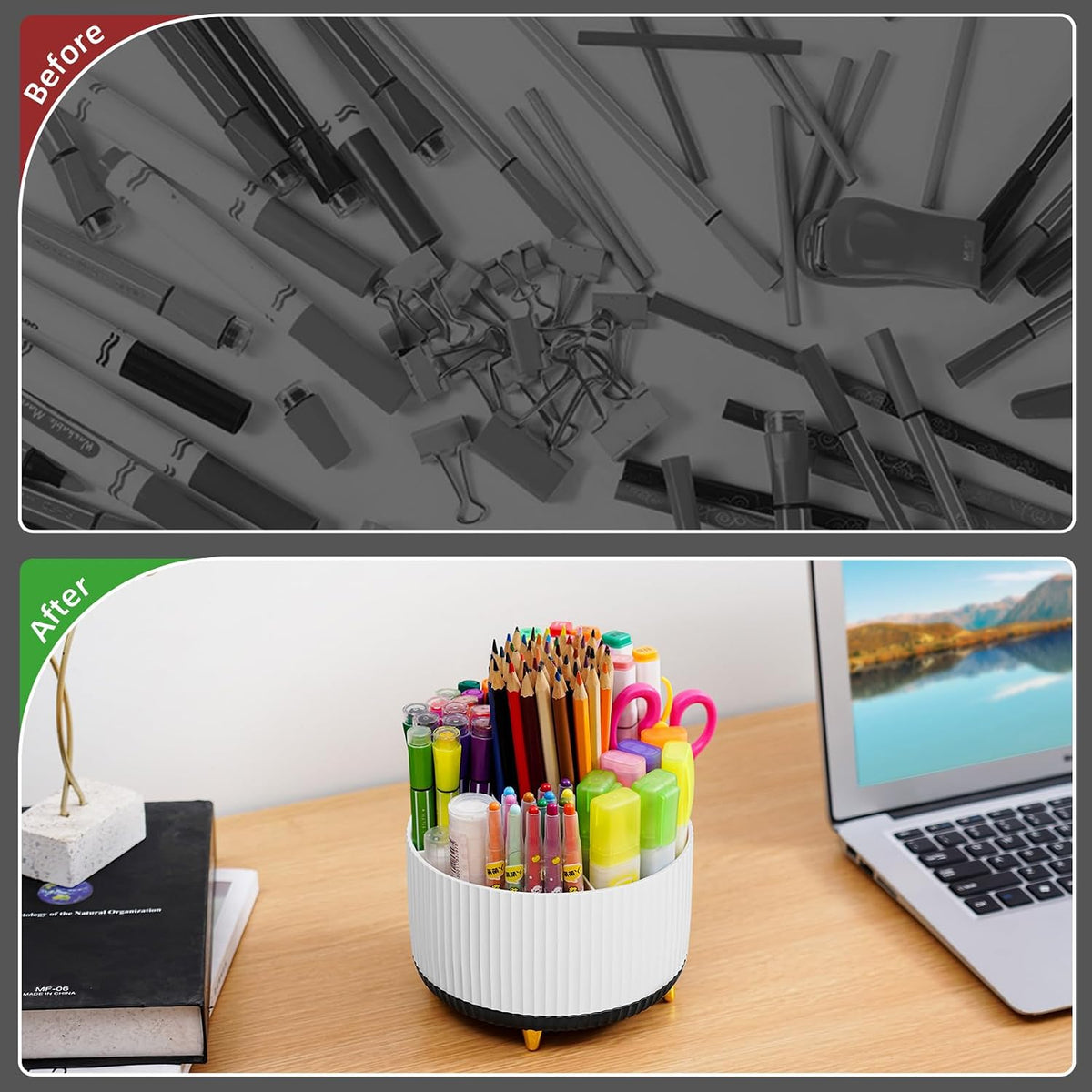 Desk Organizer, 360-Degree Rotating Pen Holder, Desk Organizers and Accessories with 5 Compartments Pencil Holder, Art Supply Storage Box Caddy for Office, Home（White）
