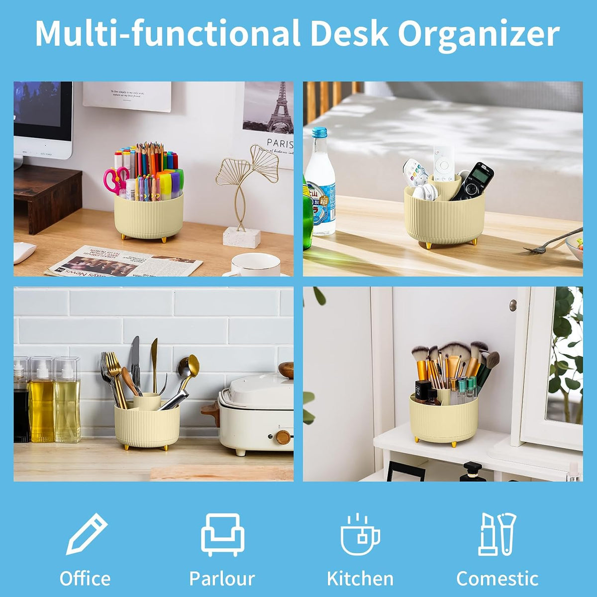 Desk Organizer, 360-Degree Rotating Pen Holder, Desk Organizers and Accessories with 5 Compartments Pencil Holder, Art Supply Storage Box Caddy for Office, Home（White）