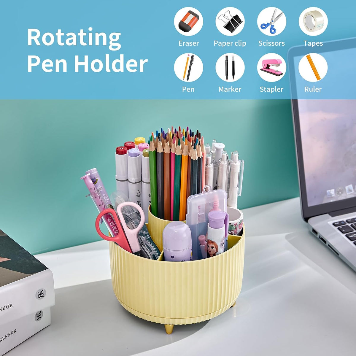 Desk Organizer, 360-Degree Rotating Pen Holder, Desk Organizers and Accessories with 5 Compartments Pencil Holder, Art Supply Storage Box Caddy for Office, Home（White）