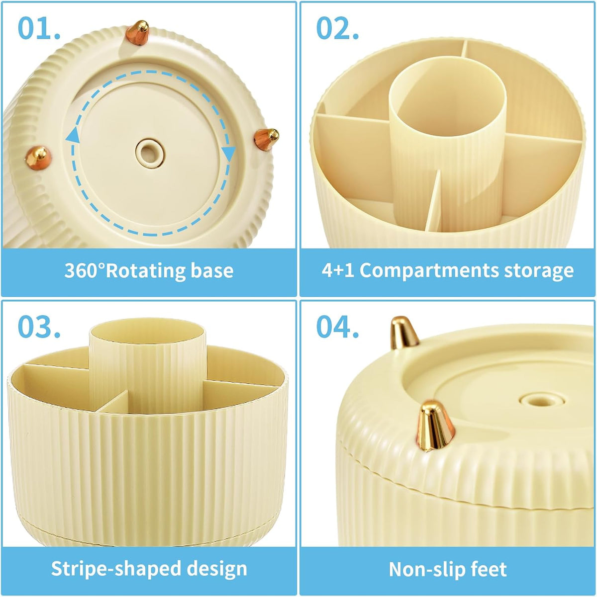 Desk Organizer, 360-Degree Rotating Pen Holder, Desk Organizers and Accessories with 5 Compartments Pencil Holder, Art Supply Storage Box Caddy for Office, Home（White）