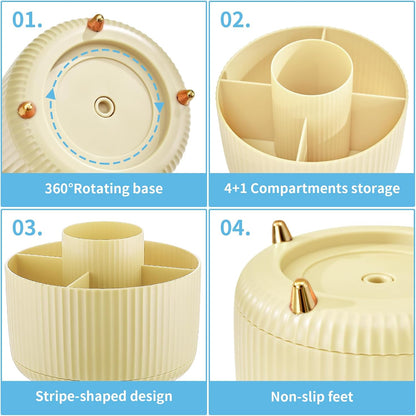 Desk Organizer, 360-Degree Rotating Pen Holder, Desk Organizers and Accessories with 5 Compartments Pencil Holder, Art Supply Storage Box Caddy for Office, Home（White）