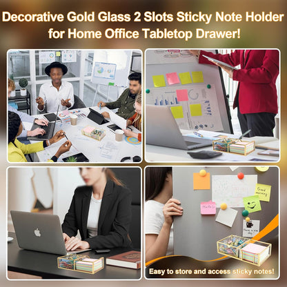 Glass Sticky Note Holder,2 Slots Gold Post It Note Dispenser for Desk,3 x 3 Inch Post It Note Holder, Stylish Sticky Note Dispenser for Home Office Desk Table Drawer