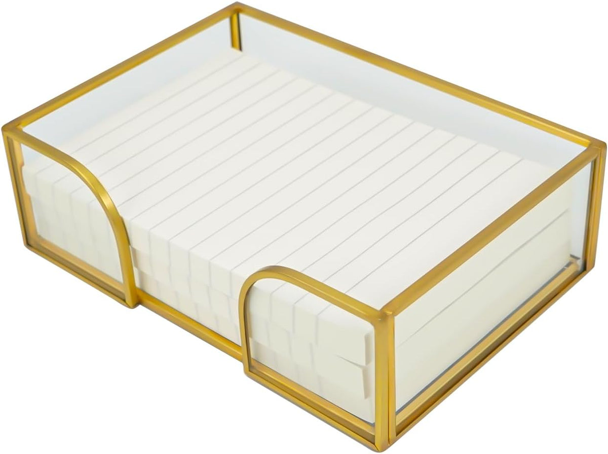 Glass Sticky Note Holder,2 Slots Gold Post It Note Dispenser for Desk,3 x 3 Inch Post It Note Holder, Stylish Sticky Note Dispenser for Home Office Desk Table Drawer