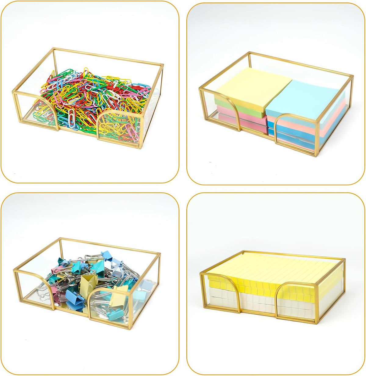 Glass Sticky Note Holder,2 Slots Gold Post It Note Dispenser for Desk,3 x 3 Inch Post It Note Holder, Stylish Sticky Note Dispenser for Home Office Desk Table Drawer