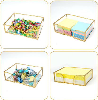 Glass Sticky Note Holder,2 Slots Gold Post It Note Dispenser for Desk,3 x 3 Inch Post It Note Holder, Stylish Sticky Note Dispenser for Home Office Desk Table Drawer