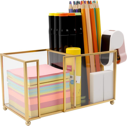 Glass Sticky Note Holder,2 Slots Gold Post It Note Dispenser for Desk,3 x 3 Inch Post It Note Holder, Stylish Sticky Note Dispenser for Home Office Desk Table Drawer