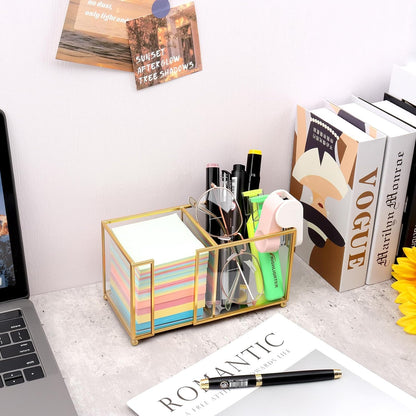 Glass Sticky Note Holder,2 Slots Gold Post It Note Dispenser for Desk,3 x 3 Inch Post It Note Holder, Stylish Sticky Note Dispenser for Home Office Desk Table Drawer