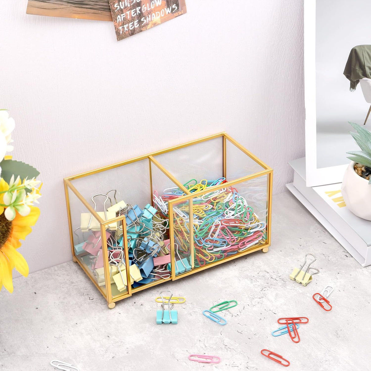 Glass Sticky Note Holder,2 Slots Gold Post It Note Dispenser for Desk,3 x 3 Inch Post It Note Holder, Stylish Sticky Note Dispenser for Home Office Desk Table Drawer
