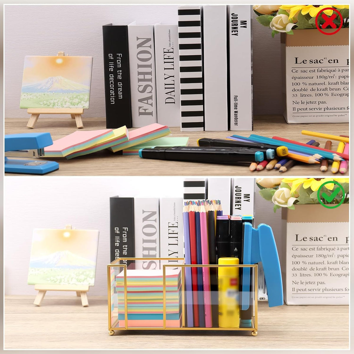 Glass Sticky Note Holder,2 Slots Gold Post It Note Dispenser for Desk,3 x 3 Inch Post It Note Holder, Stylish Sticky Note Dispenser for Home Office Desk Table Drawer