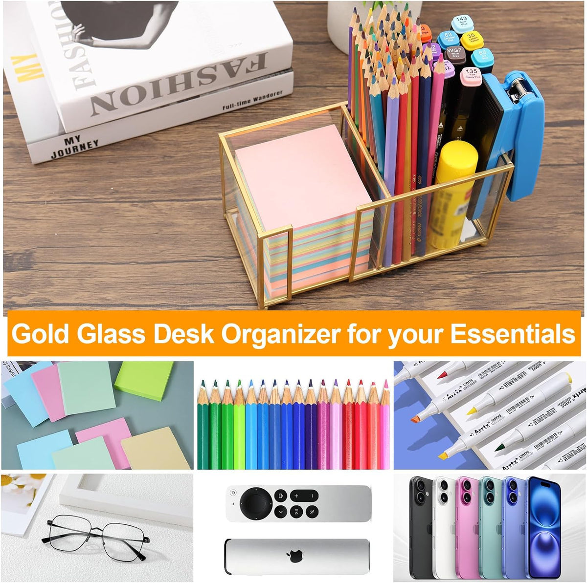 Glass Sticky Note Holder,2 Slots Gold Post It Note Dispenser for Desk,3 x 3 Inch Post It Note Holder, Stylish Sticky Note Dispenser for Home Office Desk Table Drawer