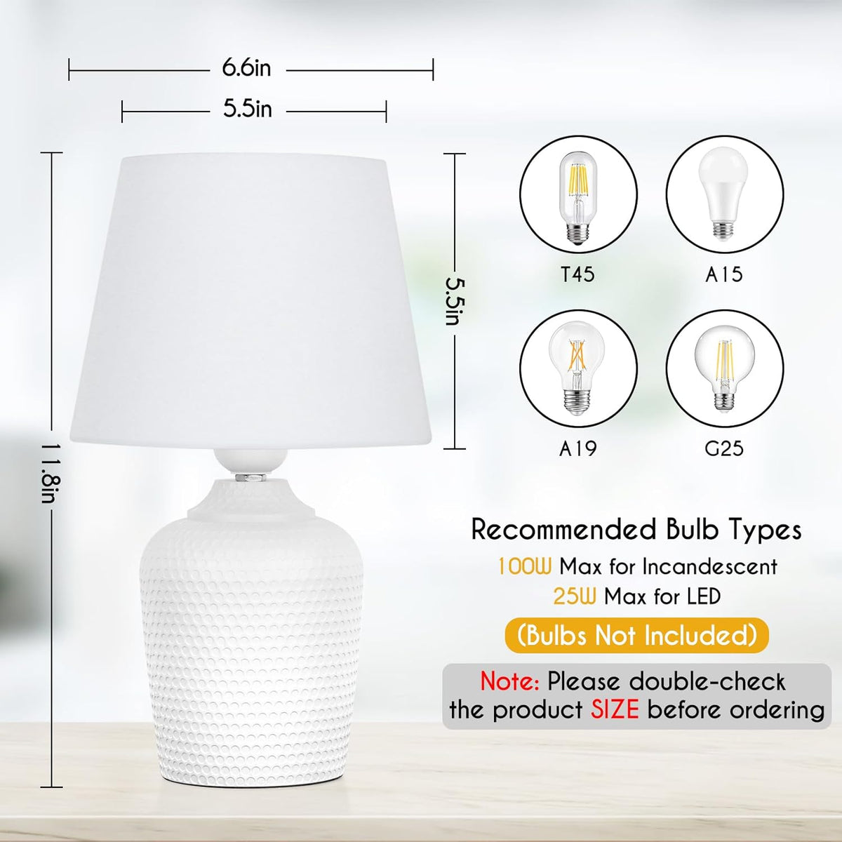 11.8’’ Small Table Lamps Set of 2 for Bedroom Kid’s Room Home Office, White