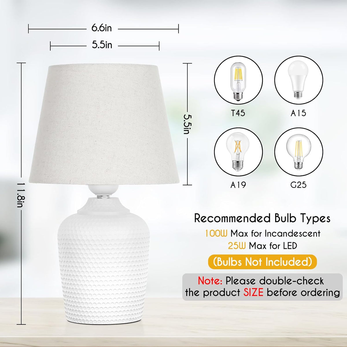 11.8’’ Small Table Lamps Set of 2 for Bedroom Kid’s Room Home Office, White