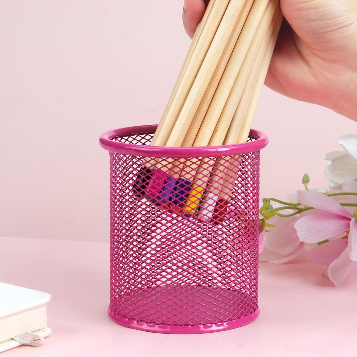 Pen Holder Cup for Desk, Wire Mesh Pencil Cup Holder, Pink