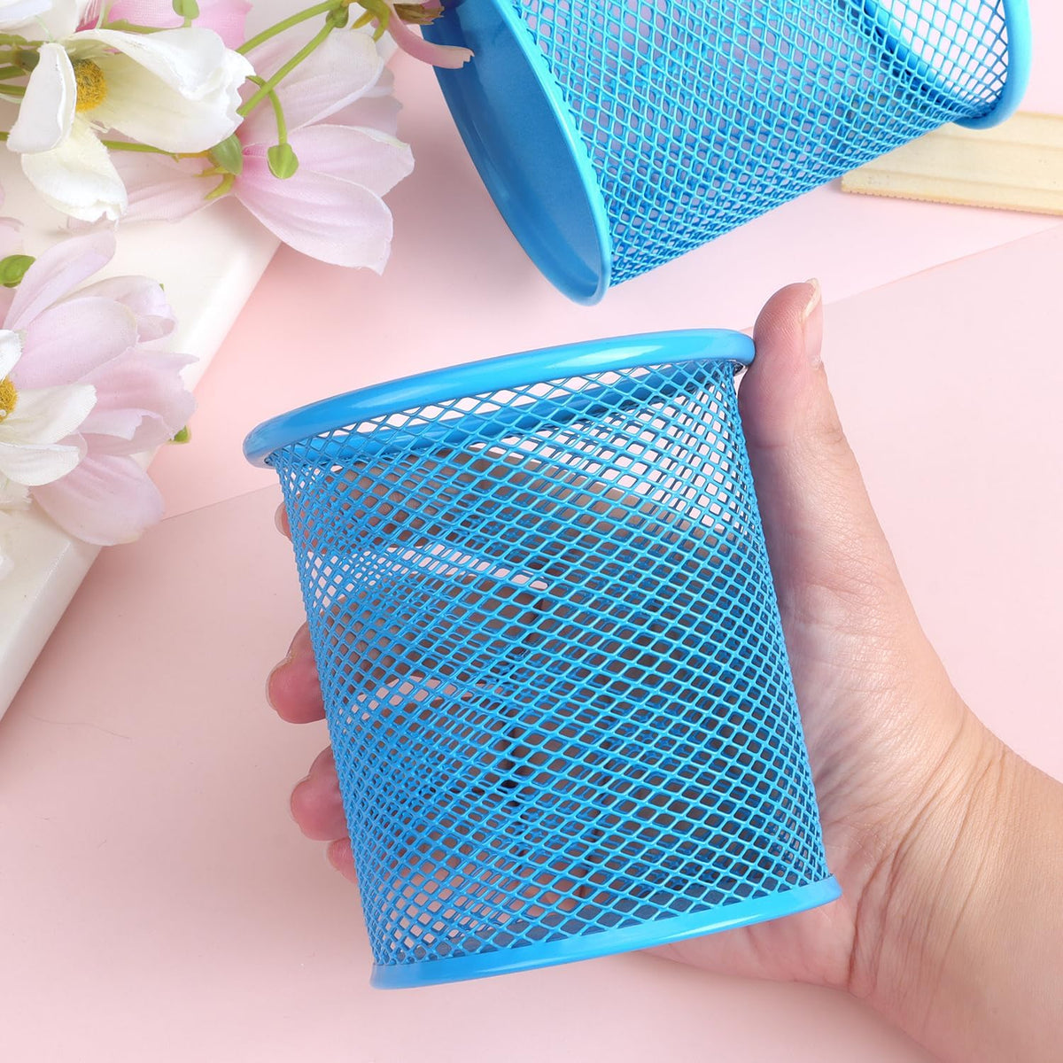 Pen Holder Cup for Desk, Wire Mesh Pencil Cup Holder, Pink