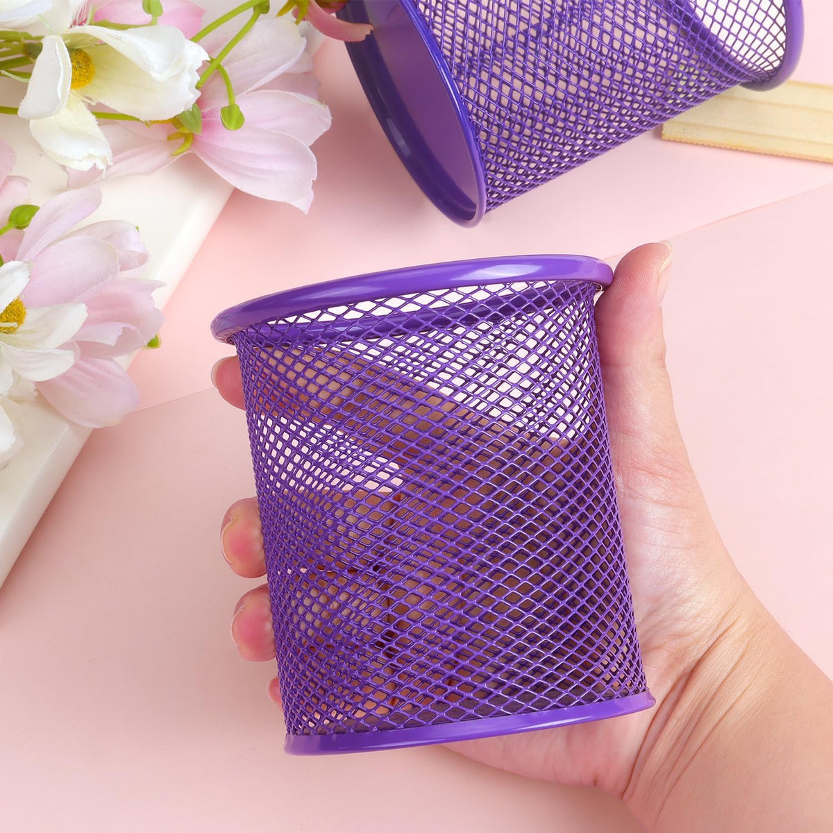 Pen Holder Cup for Desk, Wire Mesh Pencil Cup Holder, Pink