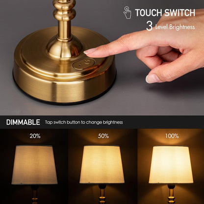 Seraph mini – Cordless LED Table Lamp with Dimmer, Built-in Rechargeable Battery, 3-Level Brightness, Patio Table Lamp, Bedside Night Lamp, Ambient Light for Restaurant, Antique Brass