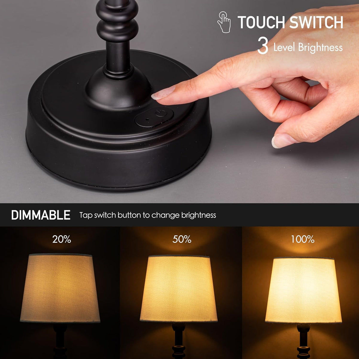 Seraph mini – Cordless LED Table Lamp with Dimmer, Built-in Rechargeable Battery, 3-Level Brightness, Patio Table Lamp, Bedside Night Lamp, Ambient Light for Restaurant, Antique Brass