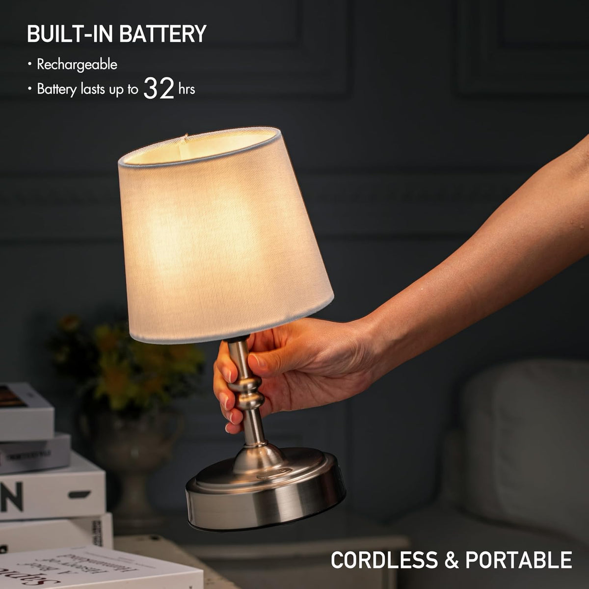 Seraph mini – Cordless LED Table Lamp with Dimmer, Built-in Rechargeable Battery, 3-Level Brightness, Patio Table Lamp, Bedside Night Lamp, Ambient Light for Restaurant, Antique Brass