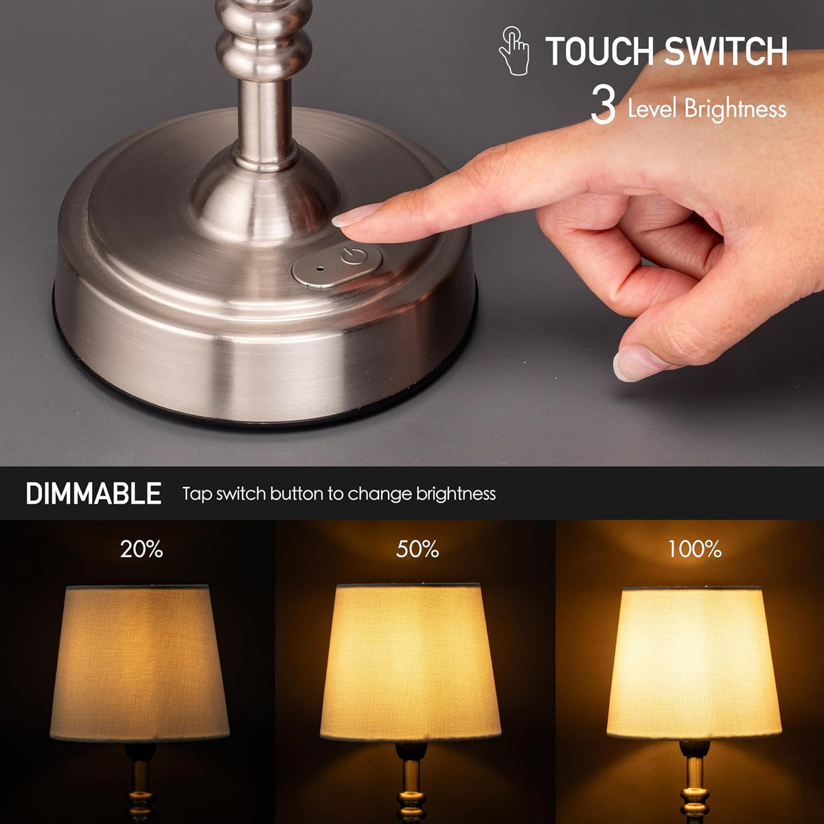 Seraph mini – Cordless LED Table Lamp with Dimmer, Built-in Rechargeable Battery, 3-Level Brightness, Patio Table Lamp, Bedside Night Lamp, Ambient Light for Restaurant, Antique Brass