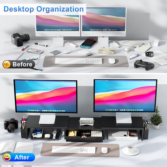 Dual Monitor Stand Riser With Drawer and 2 Pen Holders