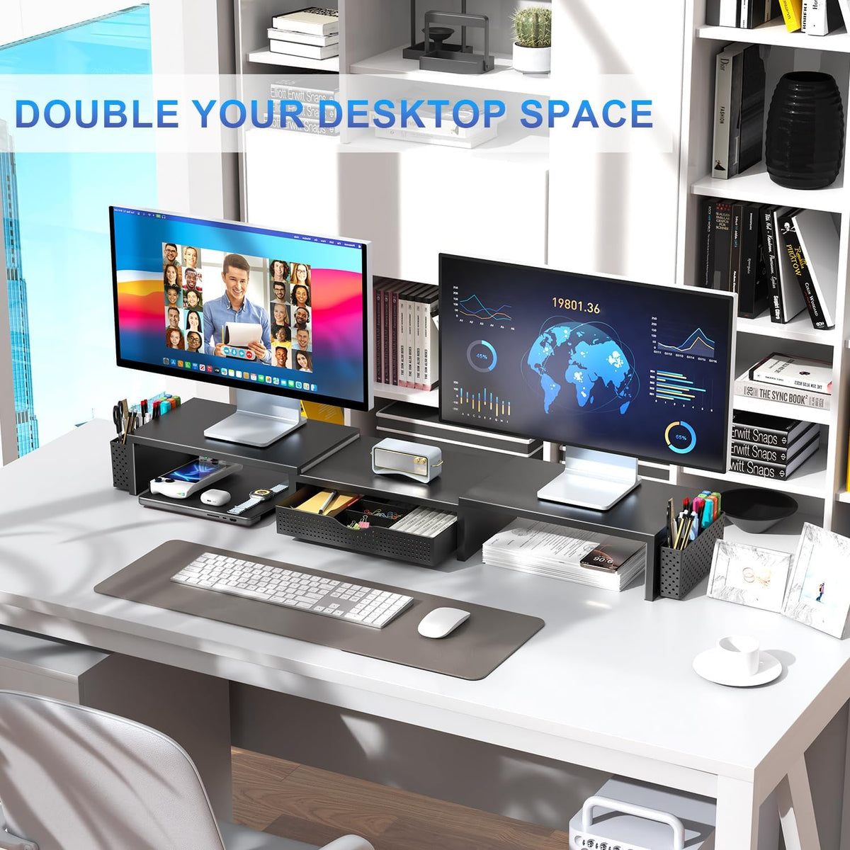 Dual Monitor Stand Riser With Drawer and 2 Pen Holders